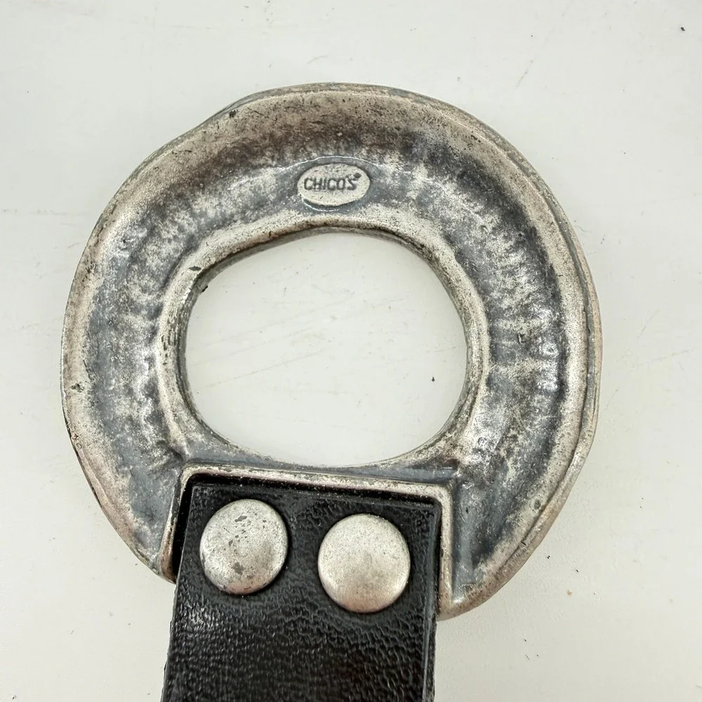 Chicos Enamel Buckle Belt Womens ML Black Leather Multi Color Artisan Vintage